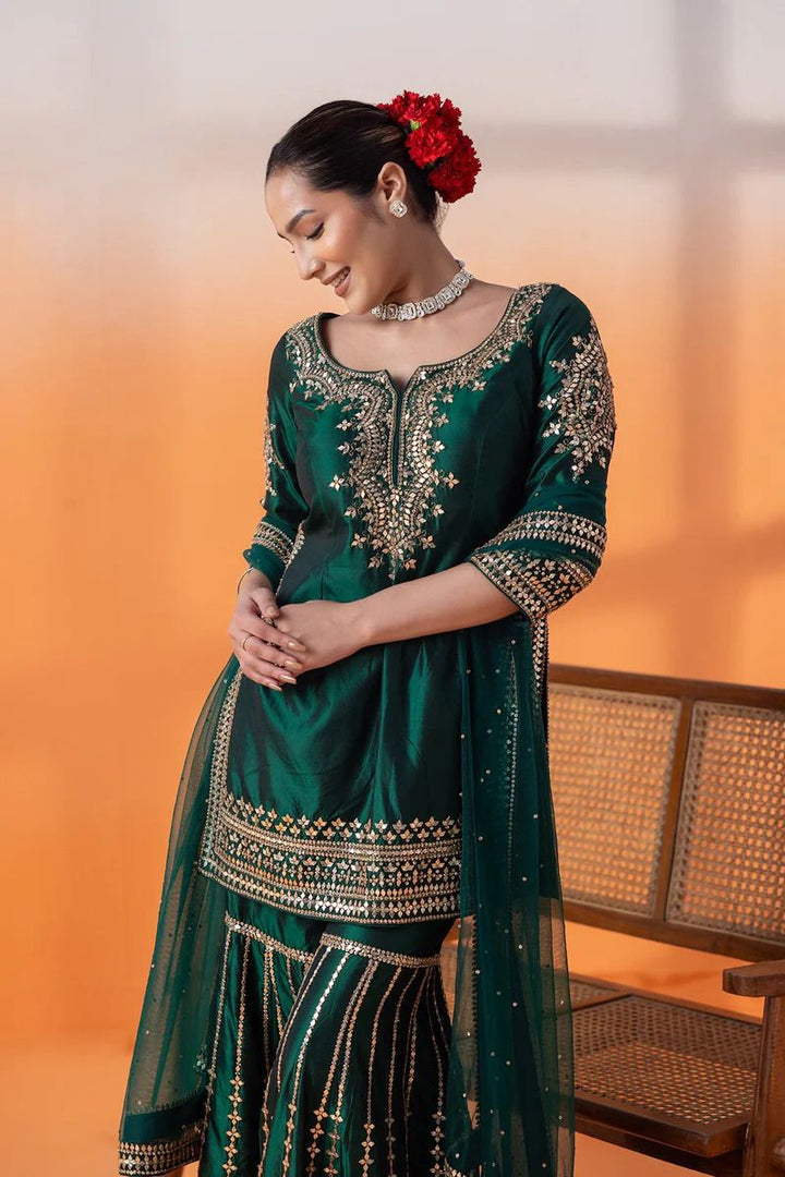 Party Wear Silk green color Salwar Suits Designs For Women
