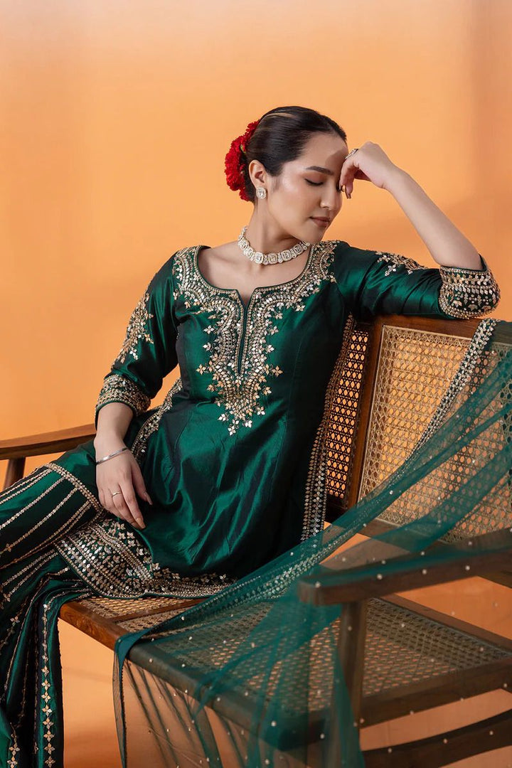 Party Wear Silk green color Salwar Suits Designs For Women