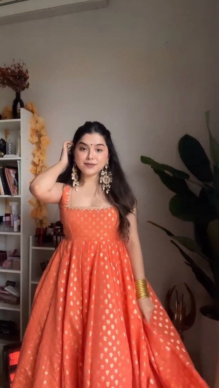 Designer orange Color Thread Work Party Wear Gown Design