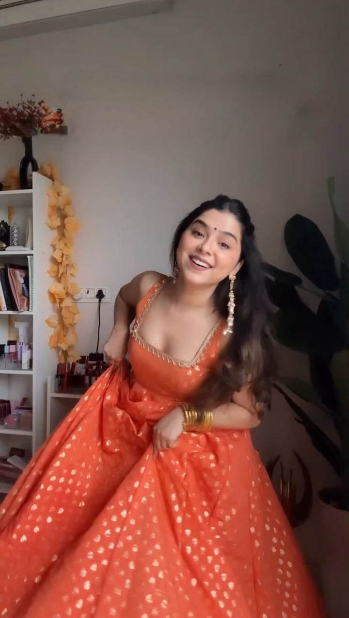 Designer orange Color Thread Work Party Wear Gown Design