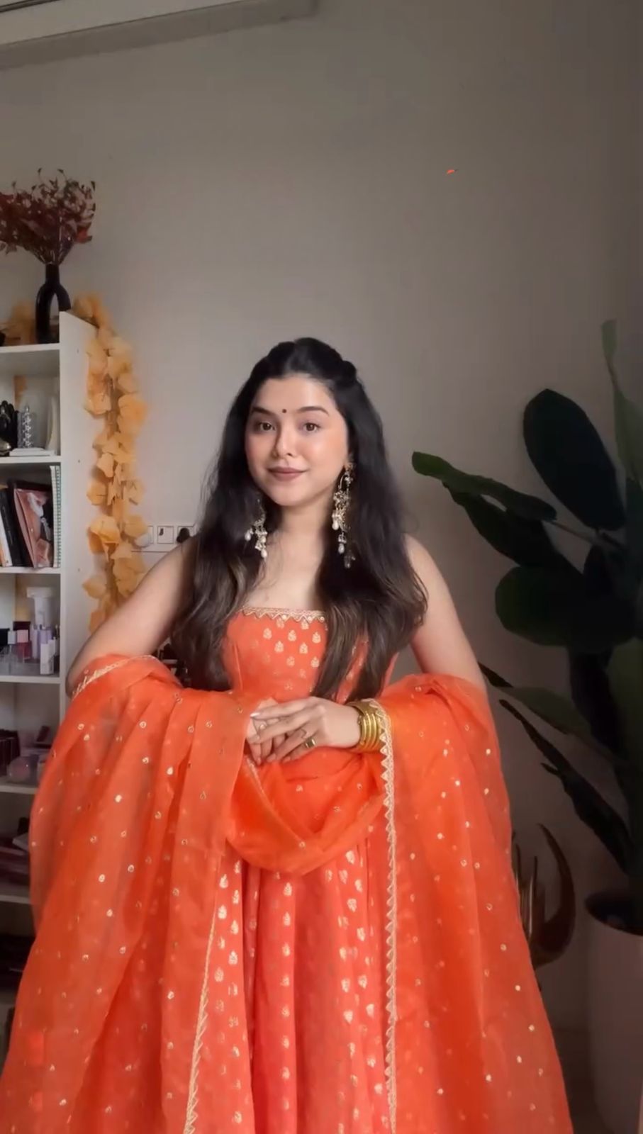 Designer orange Color Thread Work Party Wear Gown Design