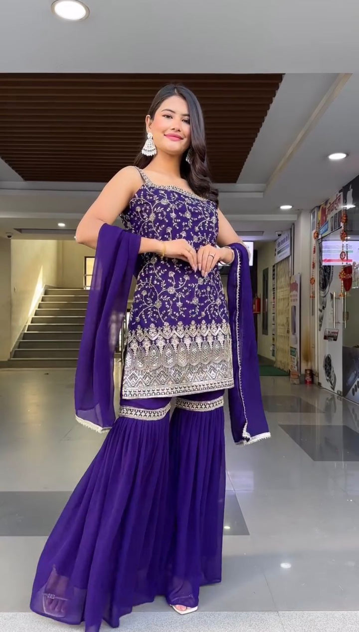 purple Color Occasional Wear Digital Printed Three Piece
