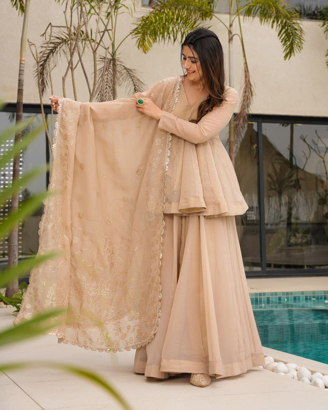 Digital Jequard cream color Pure Silk Alia Bhatt Wear Kurti Plazzo