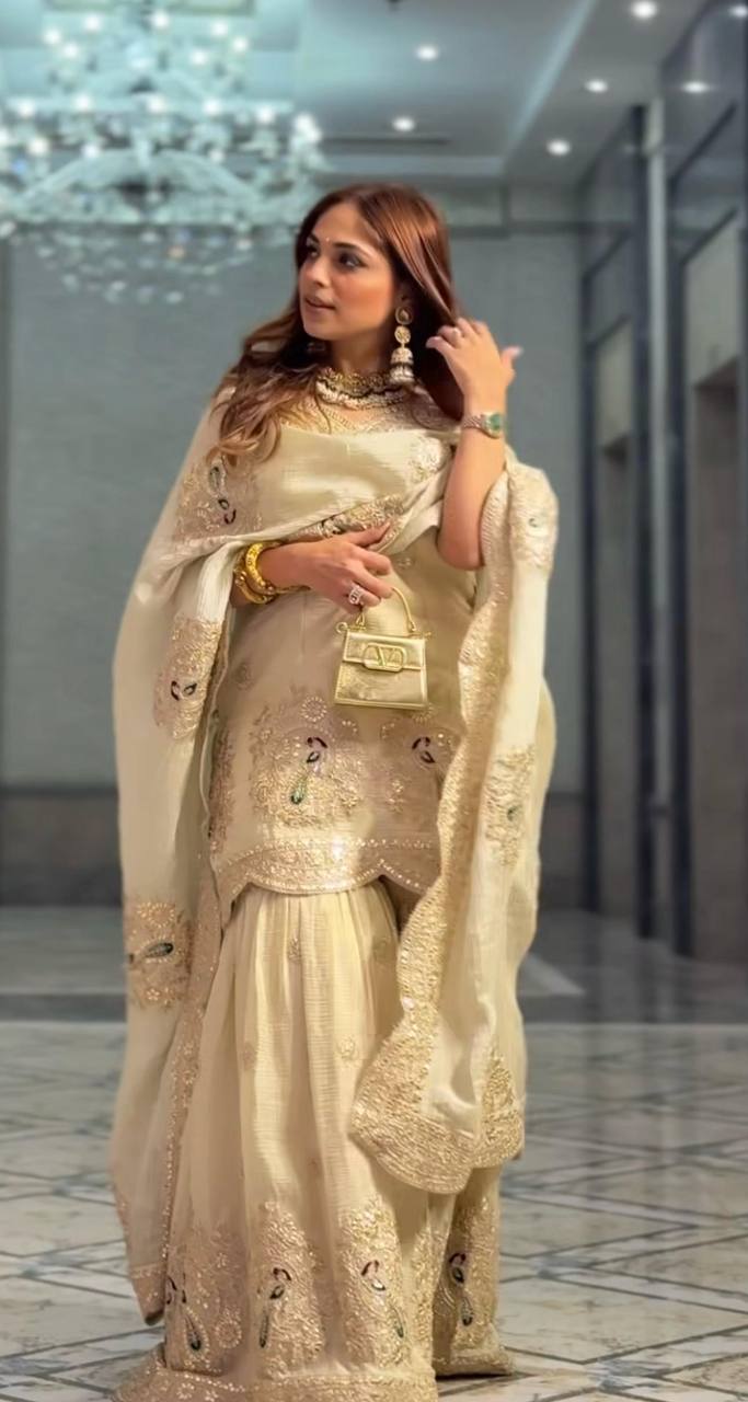 Embroidery Hand Printed Floral Designer Cream Color Salwar Kameez
