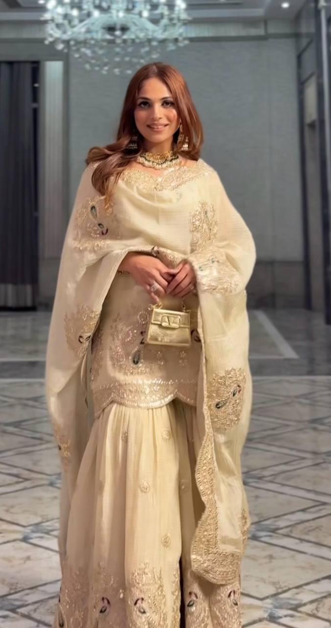Embroidery Hand Printed Floral Designer Cream Color Salwar Kameez