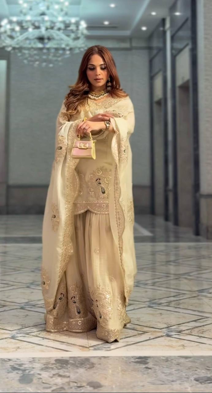 Embroidery Hand Printed Floral Designer Cream Color Salwar Kameez