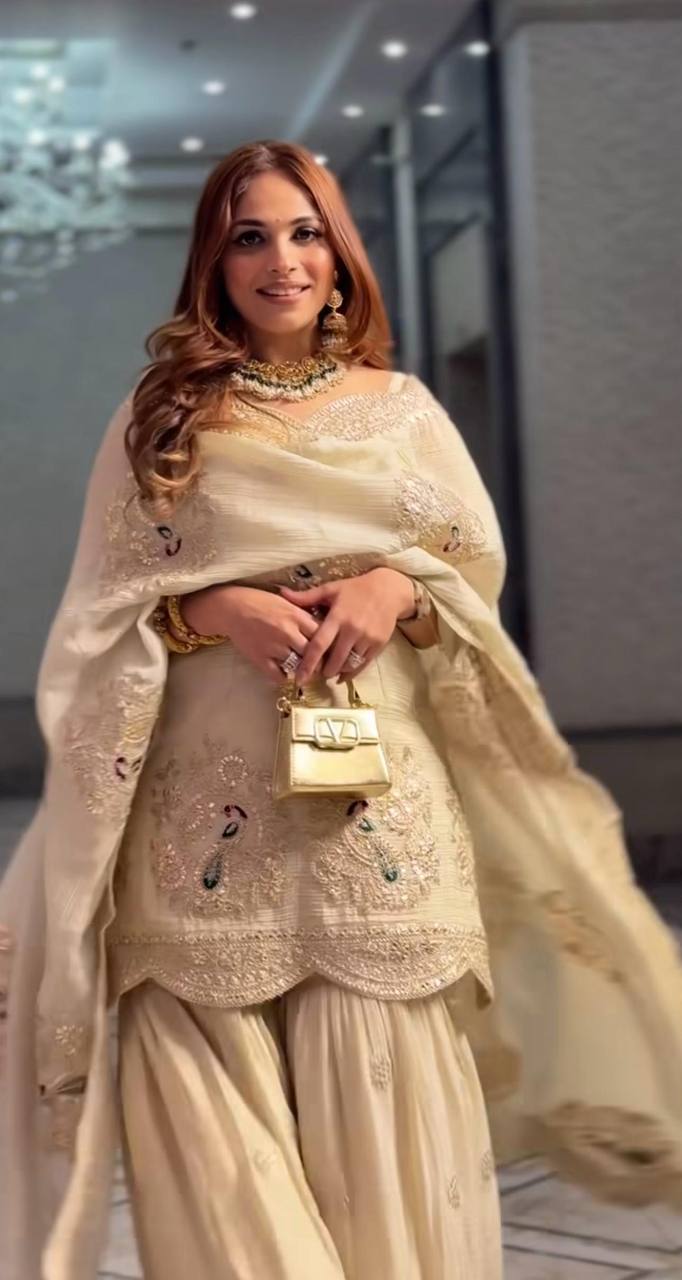 Embroidery Hand Printed Floral Designer Cream Color Salwar Kameez