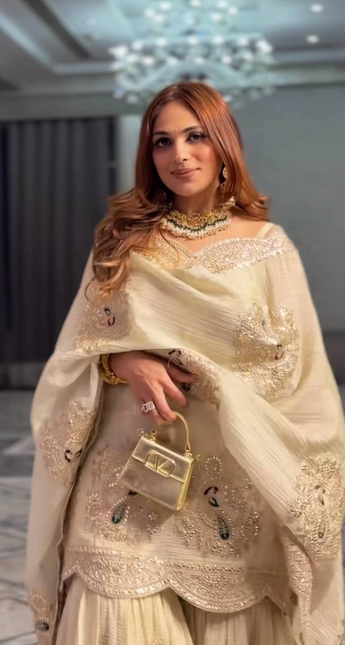 Embroidery Hand Printed Floral Designer Cream Color Salwar Kameez