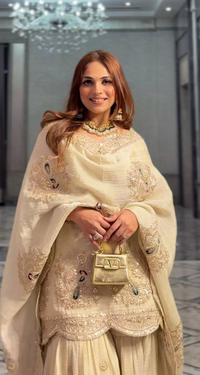 Embroidery Hand Printed Floral Designer Cream Color Salwar Kameez