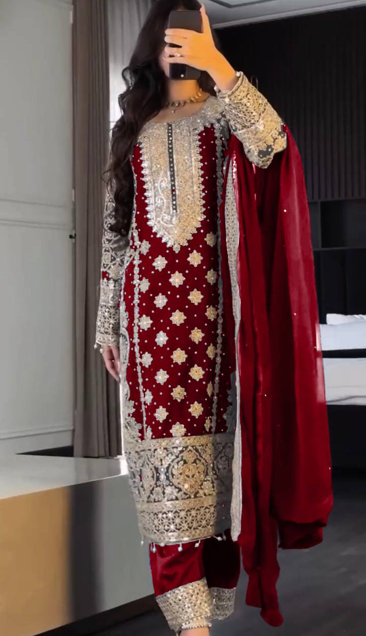 maroon Color Embrodiery Work Fancy Salwar kameez For Girls