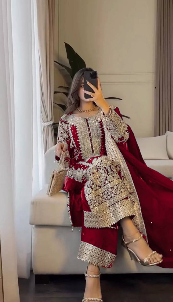 maroon Color Embrodiery Work Fancy Salwar kameez For Girls