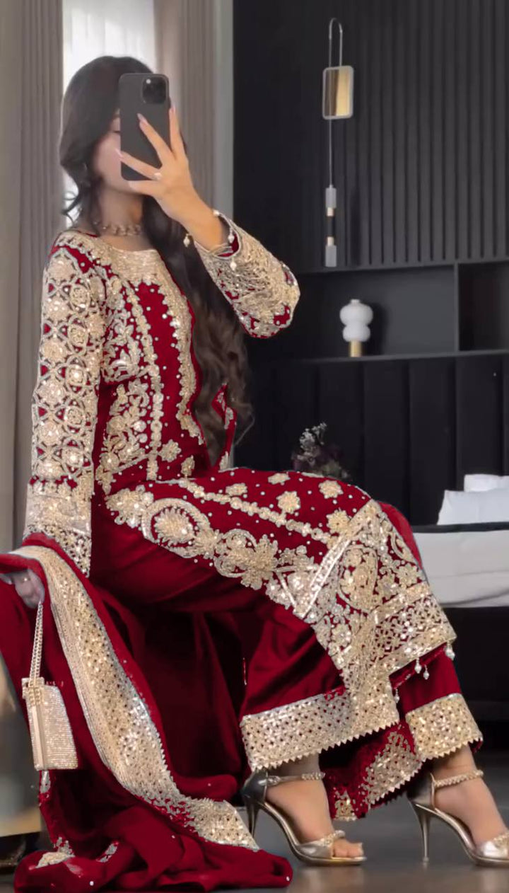 maroon Color Embrodiery Work Fancy Salwar kameez For Girls