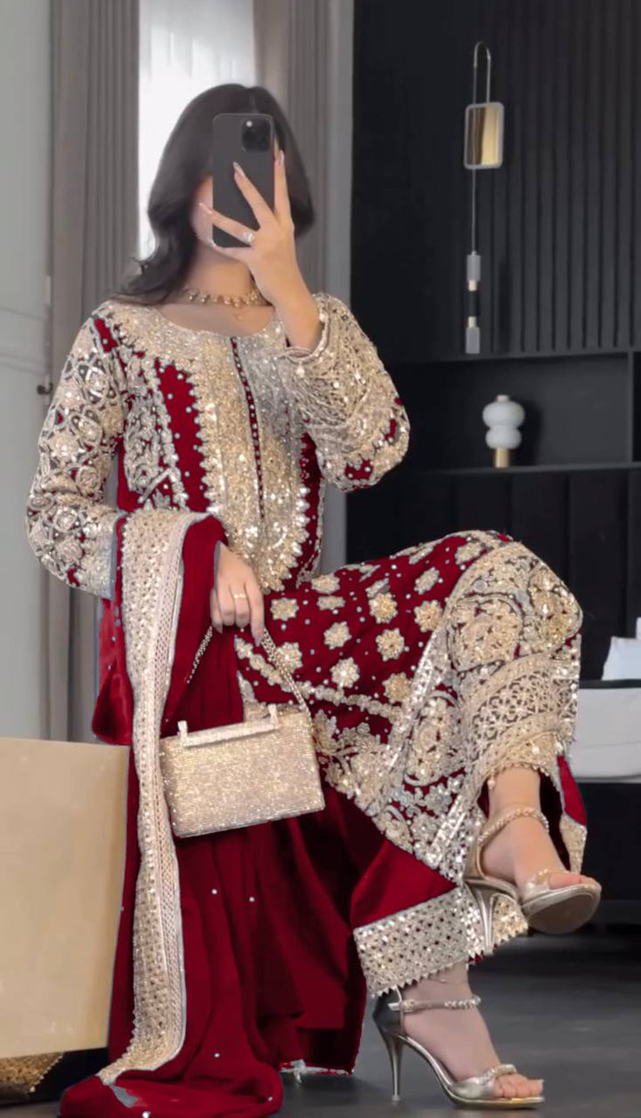 maroon Color Embrodiery Work Fancy Salwar kameez For Girls