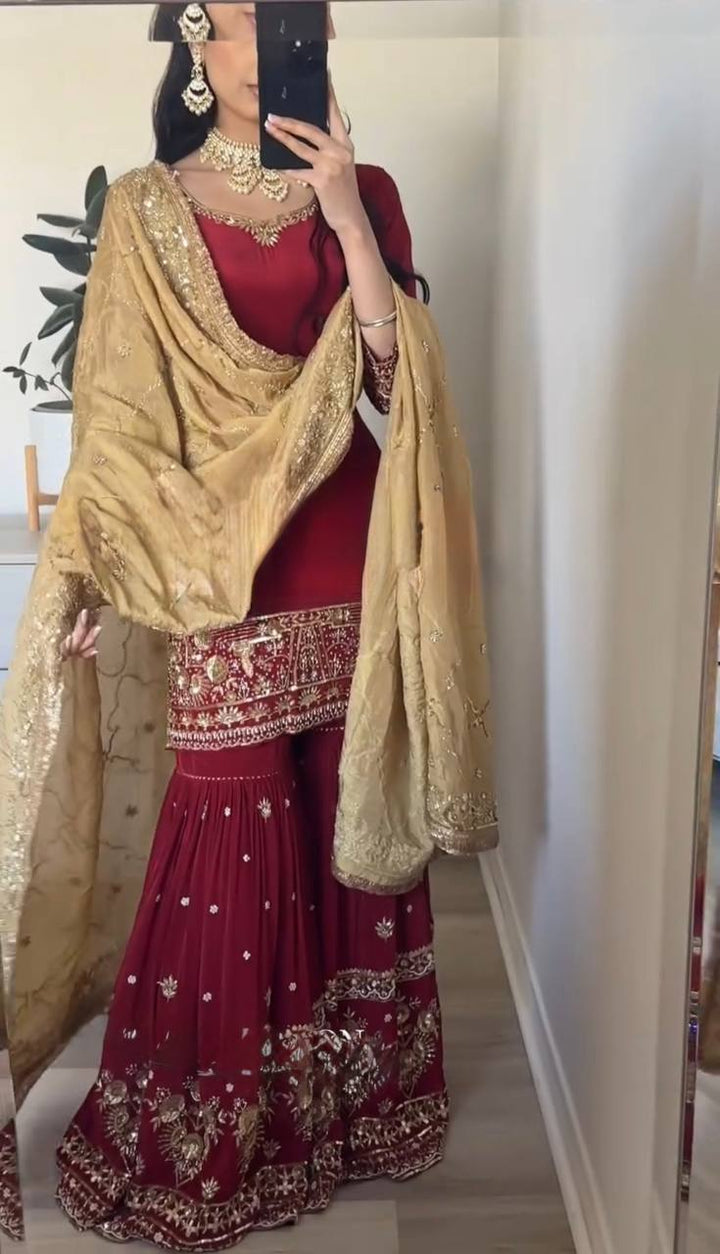 maroon Color Regular Wear Straight Cut salwar kameez And Bottom