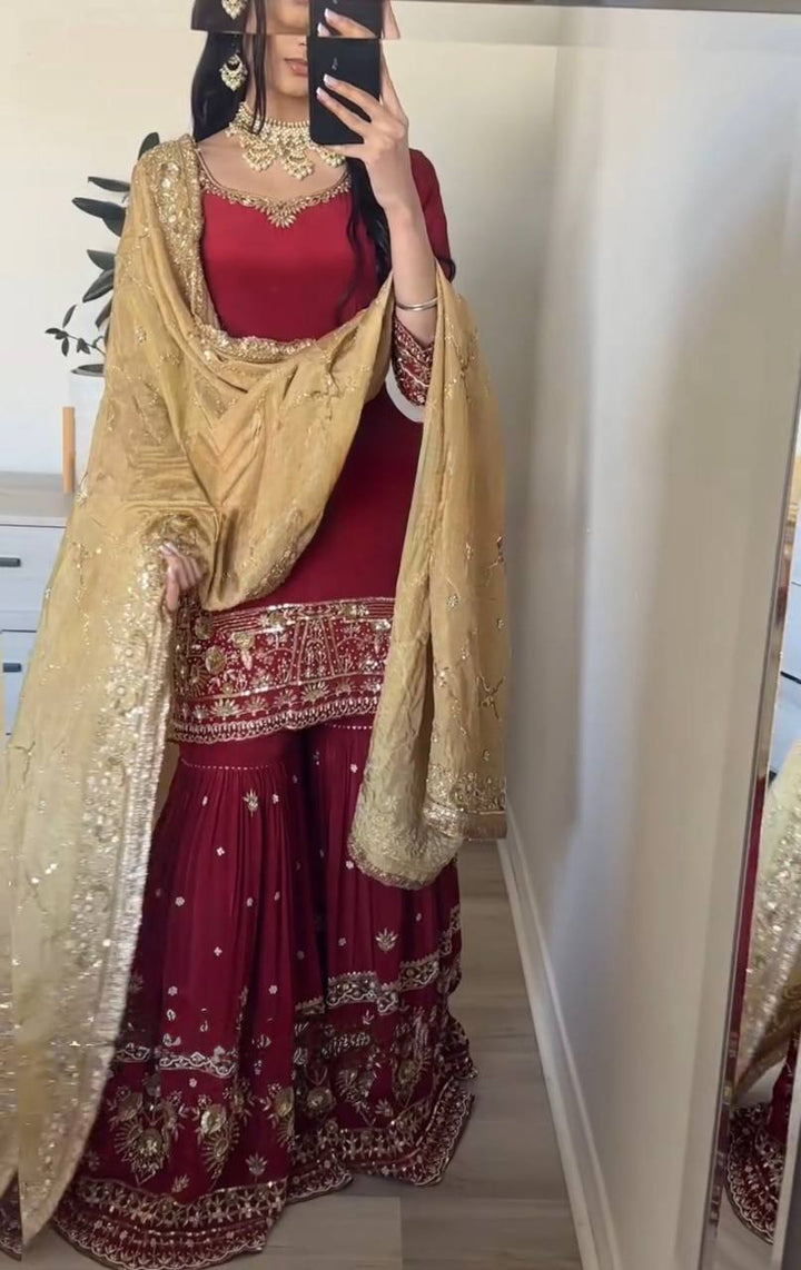 maroon Color Regular Wear Straight Cut salwar kameez And Bottom