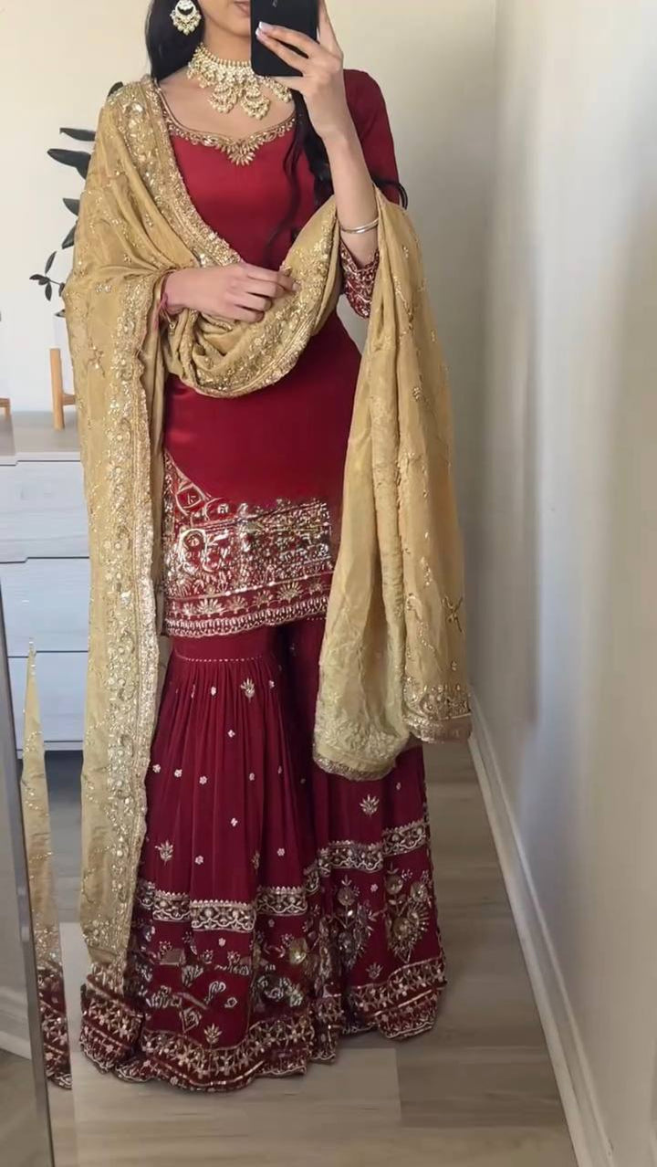 maroon Color Regular Wear Straight Cut salwar kameez And Bottom