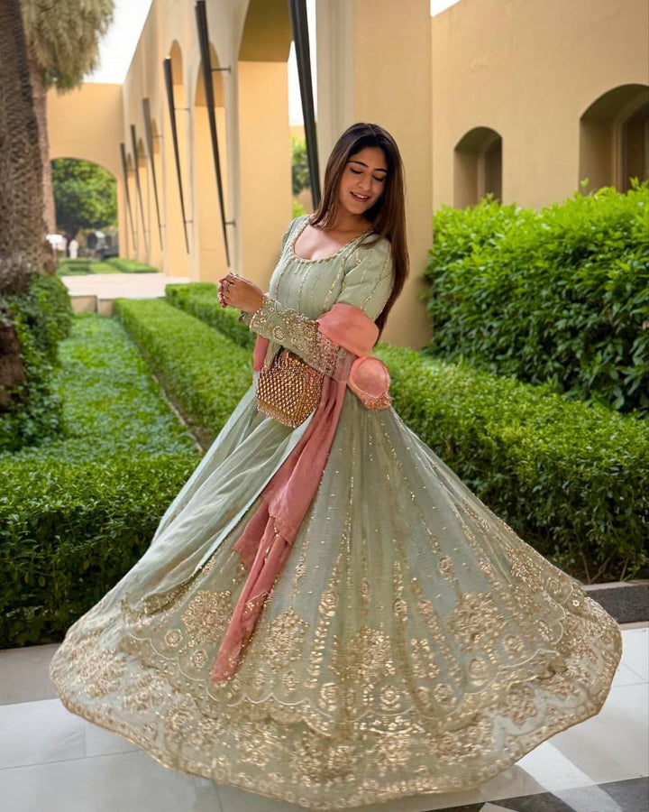 Georgette Silk Embroidery Handwork Designer sky blue Velvet Suit