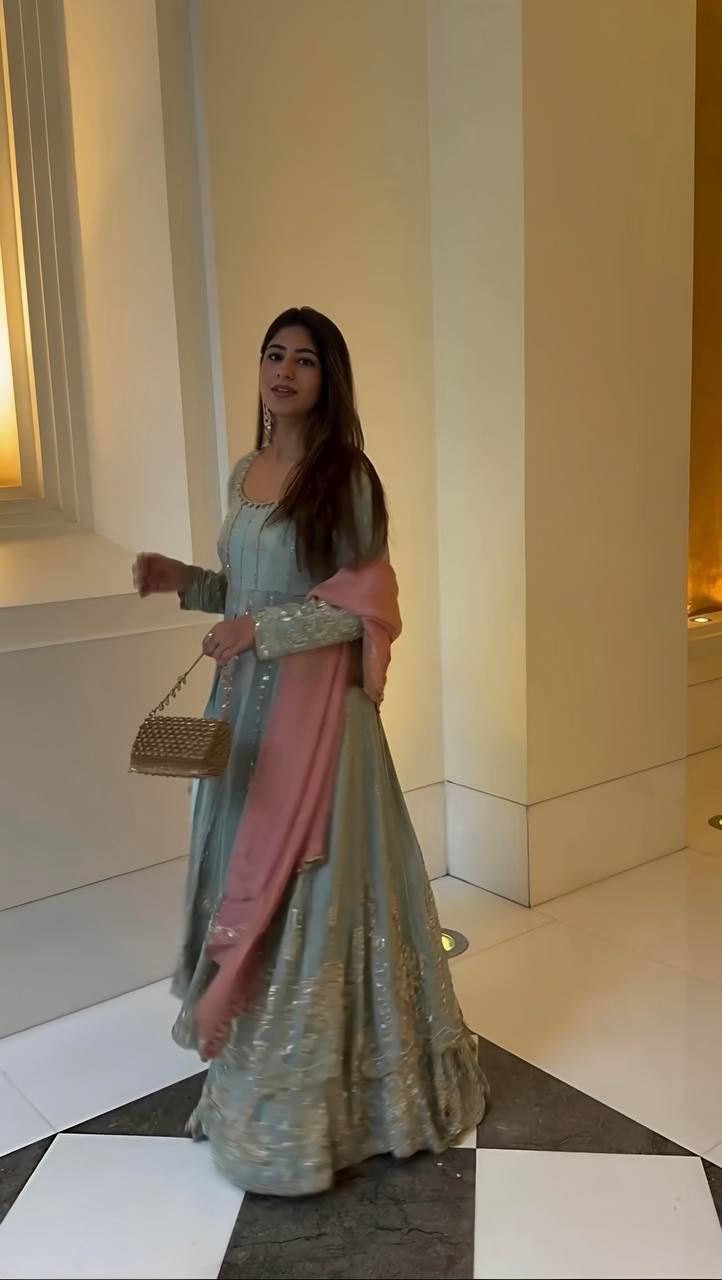 Georgette Silk Embroidery Handwork Designer sky blue Velvet Suit