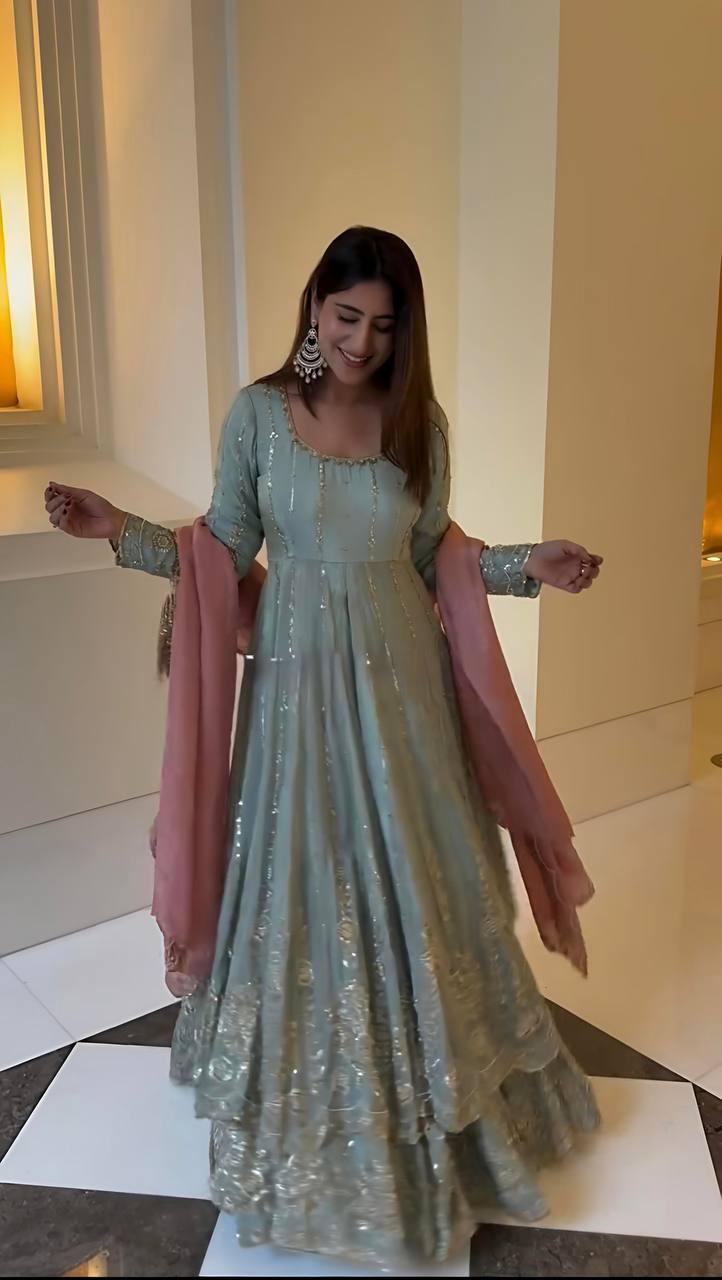 Georgette Silk Embroidery Handwork Designer sky blue Velvet Suit