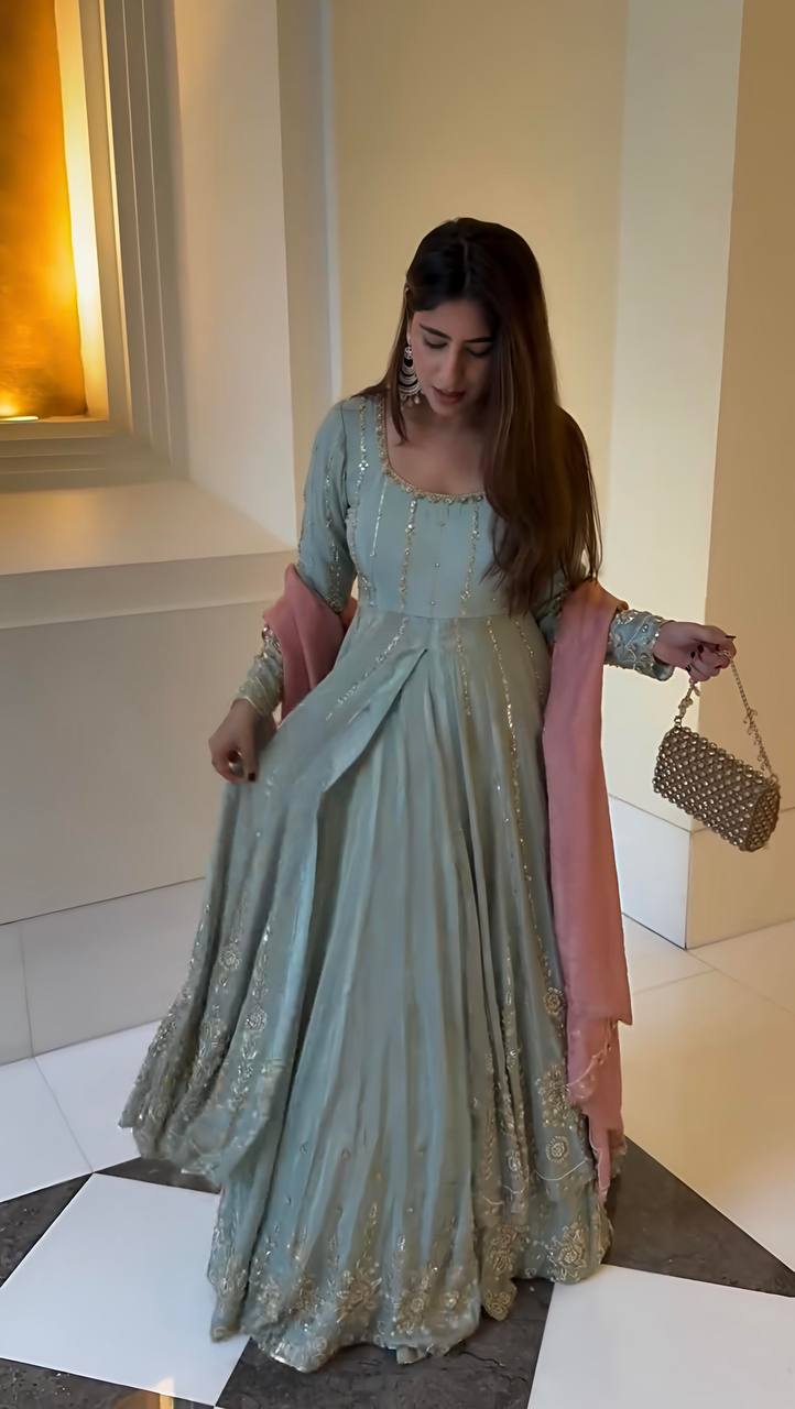 Georgette Silk Embroidery Handwork Designer sky blue Velvet Suit
