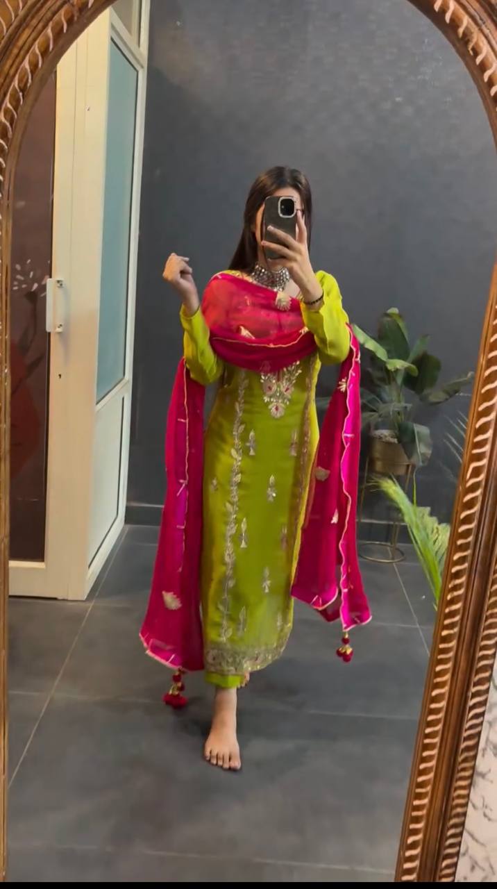 Flower parrot green color Hand Printed Designer White Salwar kameez