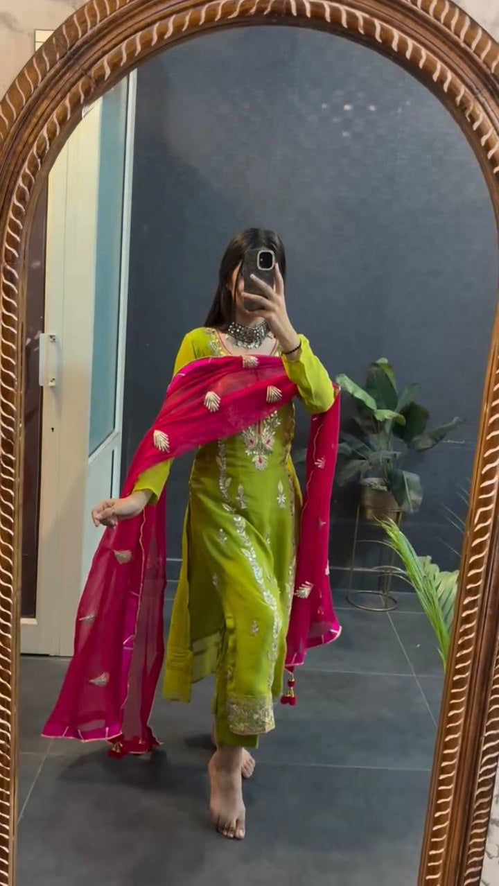 Flower parrot green color Hand Printed Designer White Salwar kameez