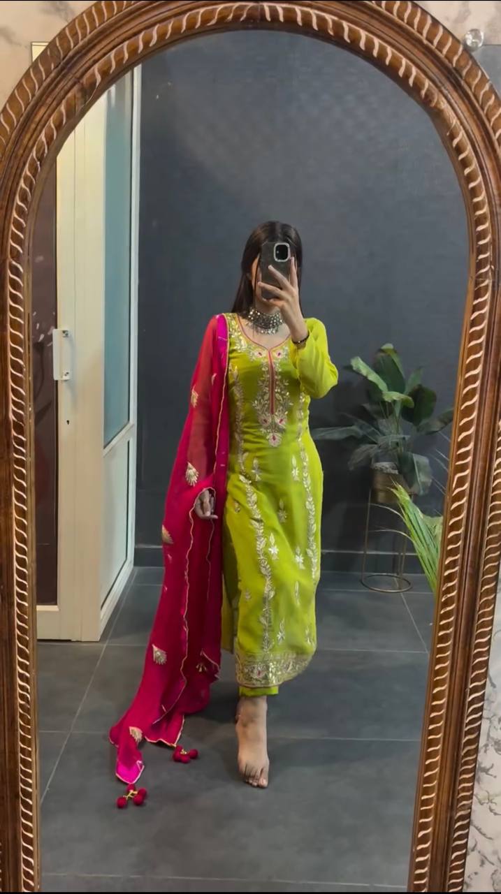 Flower parrot green color Hand Printed Designer White Salwar kameez