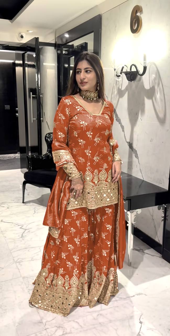 orange Color Hand Heavy Printed Salwar kameez