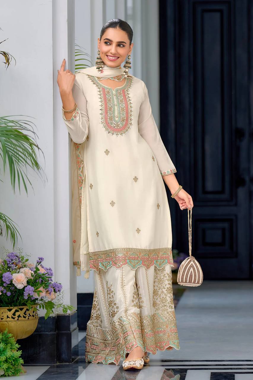Pure Rayon Embroidery white color Salwar Kameez