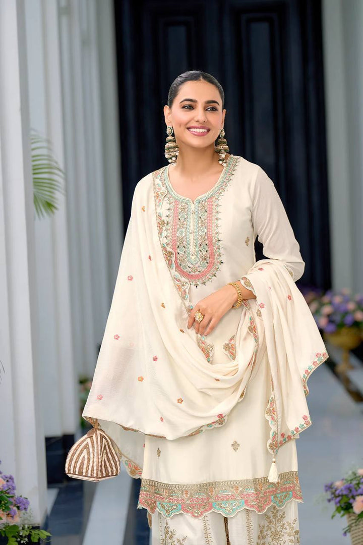 Pure Rayon Embroidery white color Salwar Kameez