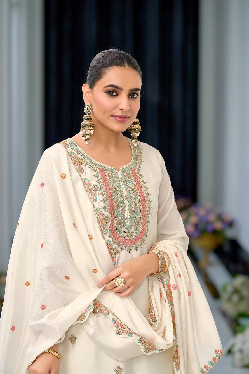 Pure Rayon Embroidery white color Salwar Kameez