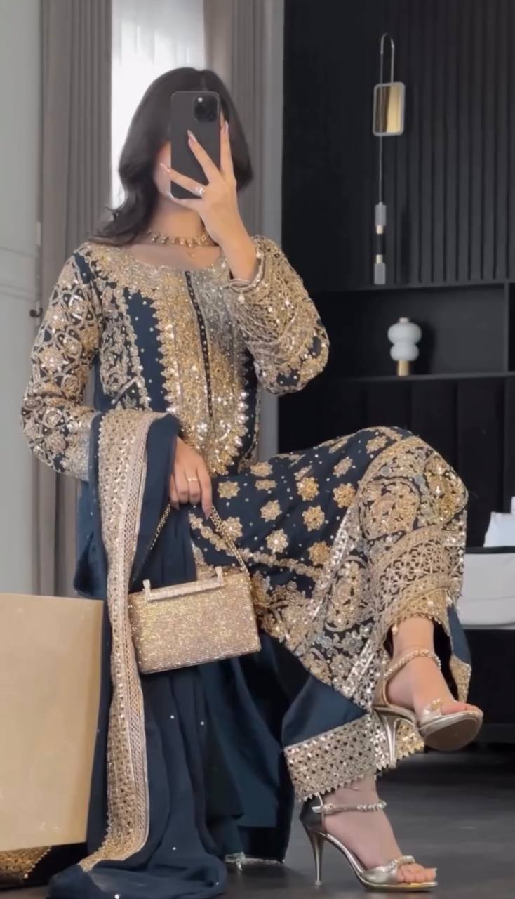 Designer Traditional navy blue Color Cotton Jequard Printed salwar kameez for girls