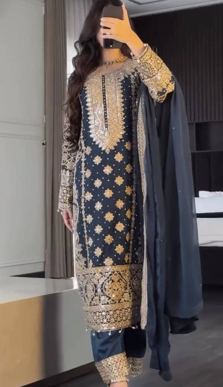 Designer Traditional navy blue Color Cotton Jequard Printed salwar kameez for girls
