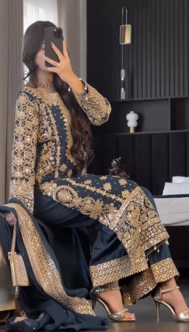 Designer Traditional navy blue Color Cotton Jequard Printed salwar kameez for girls