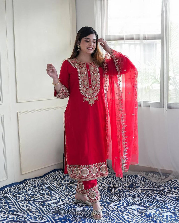 red Color Fancy Printed  Salwar kameez for girls