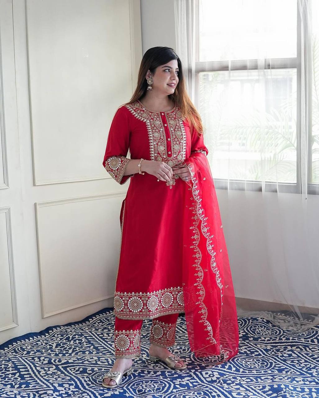 red Color Fancy Printed  Salwar kameez for girls