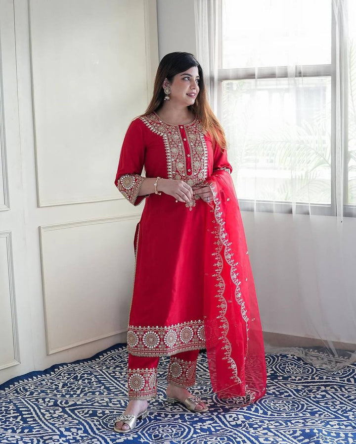 red Color Fancy Printed  Salwar kameez for girls