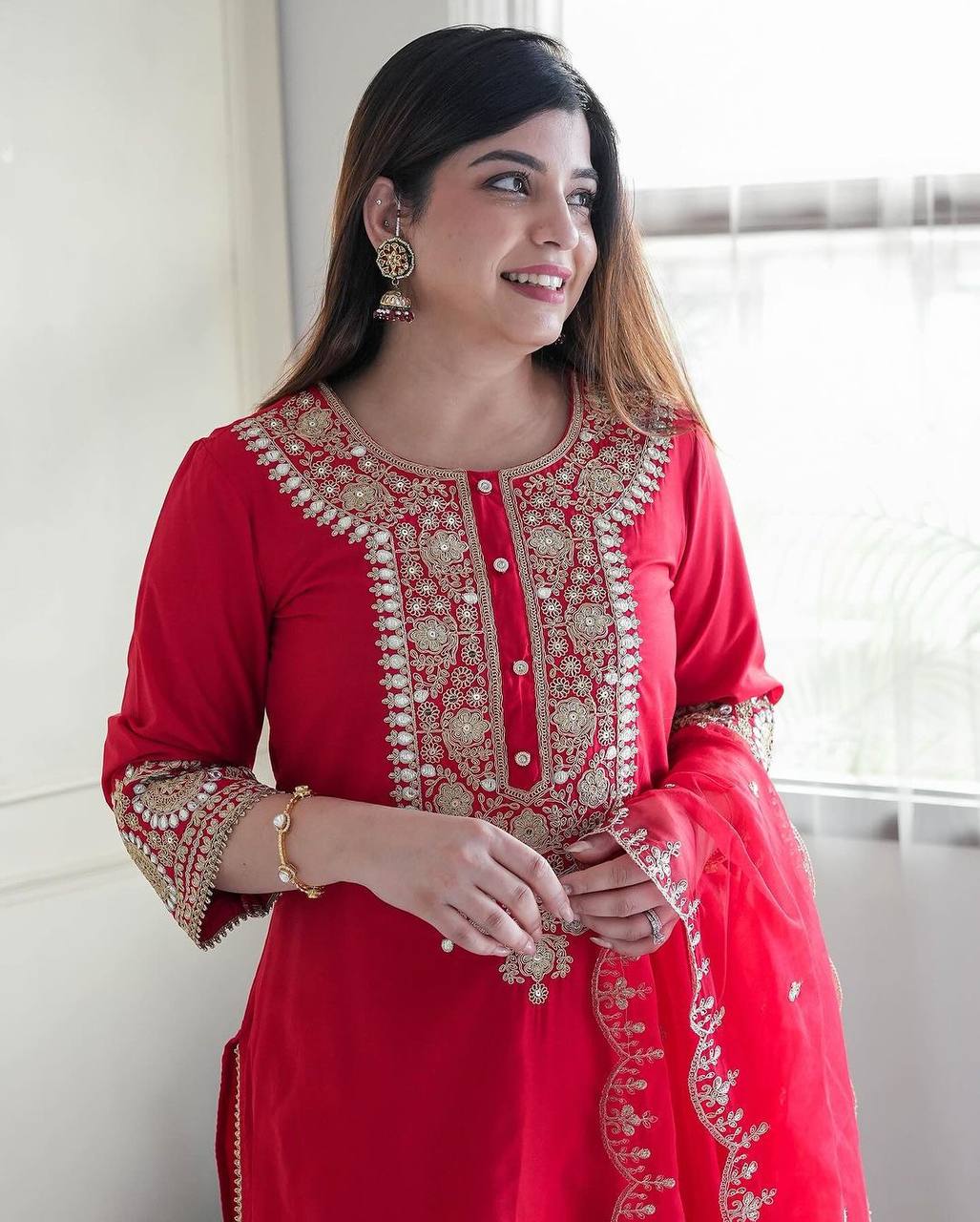 red Color Fancy Printed  Salwar kameez for girls