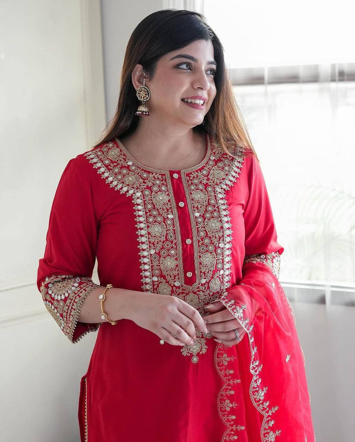 red Color Fancy Printed  Salwar kameez for girls