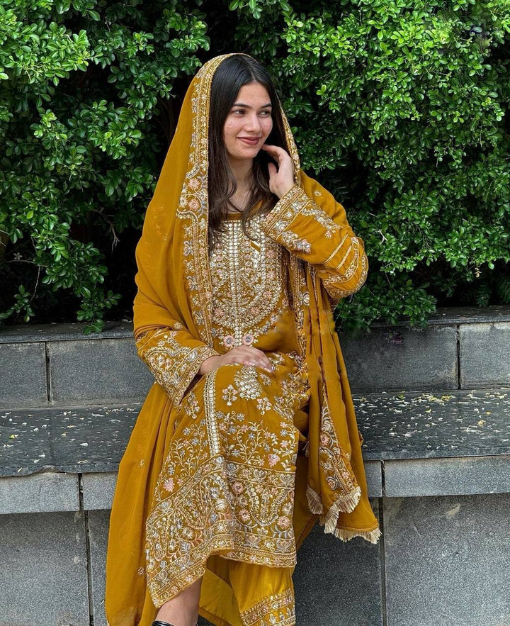 Embroidery Work Yellow Designs salwar kameez for girls