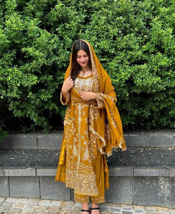 Embroidery Work Yellow Designs salwar kameez for girls