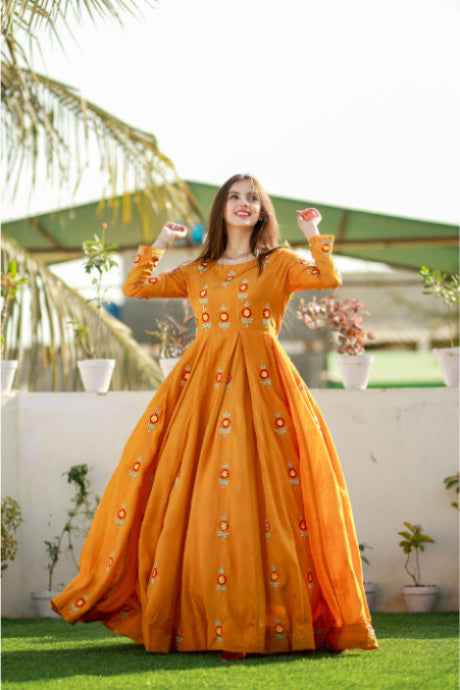 Heavy Work Yellow Embroidery Work Gown For Girls