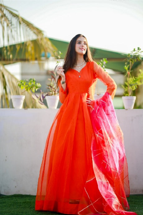 Red Color Party Wear Gorgette Online Gown Design