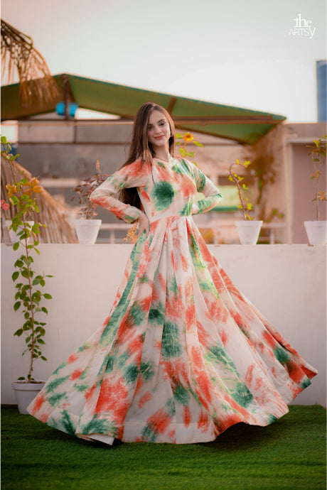Heavy Floral Multi Color Fancy Printed Creap Gown