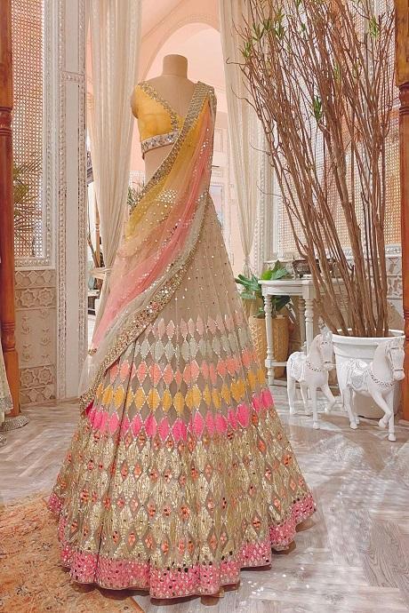 Multi color  Embroidery Latest Designer Silk Mirror Lehenga Choli Online