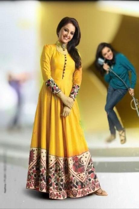 Yellow Color Rayon Cotton Silk Designer Fancy Gown