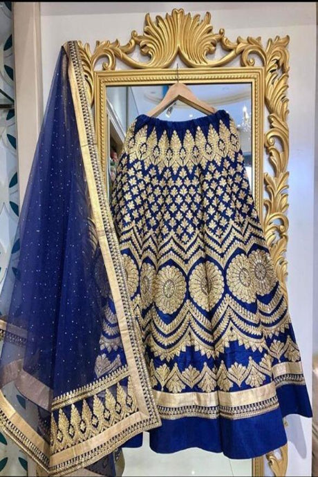 Blue color Designer Party Wear Embroidery Work Velvet Lehenga Choli Design