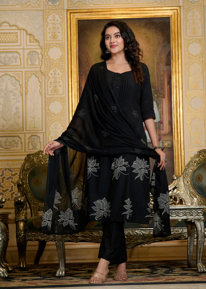 Black Cotton Embroidered Kurta Set with Dupatta