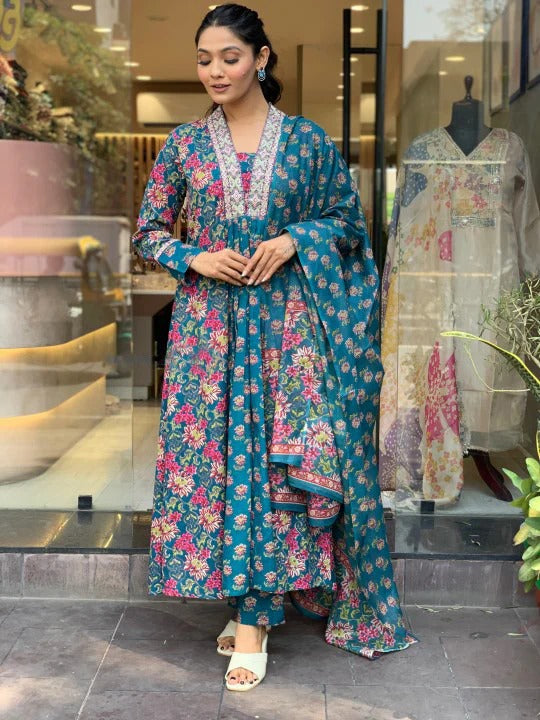 Teal Blossom Viscose Suit Set