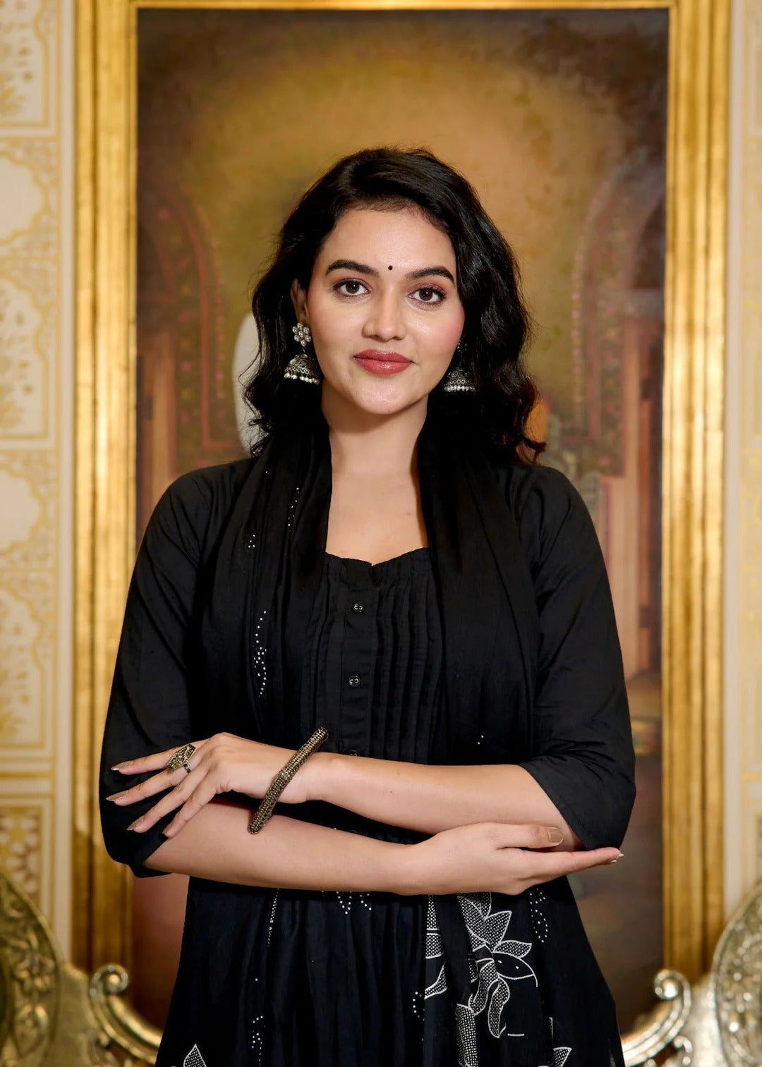 Black Cotton Embroidered Kurta Set with Dupatta